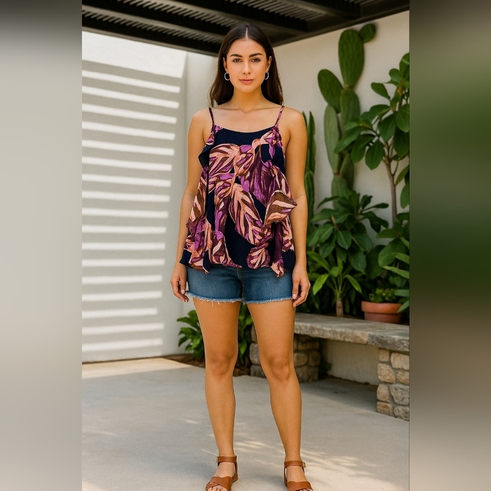 Boho Tropical Leaf Ruffle Tank Size Large Navy Pink & Brown Floral Flowy